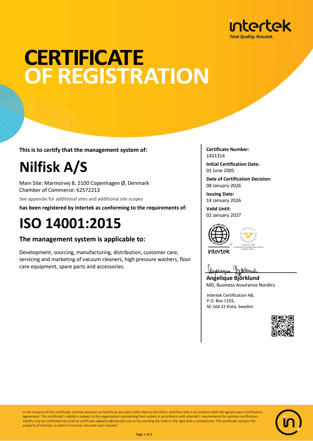 EN 2026 Nilfisk AS Certificate ISO 14001