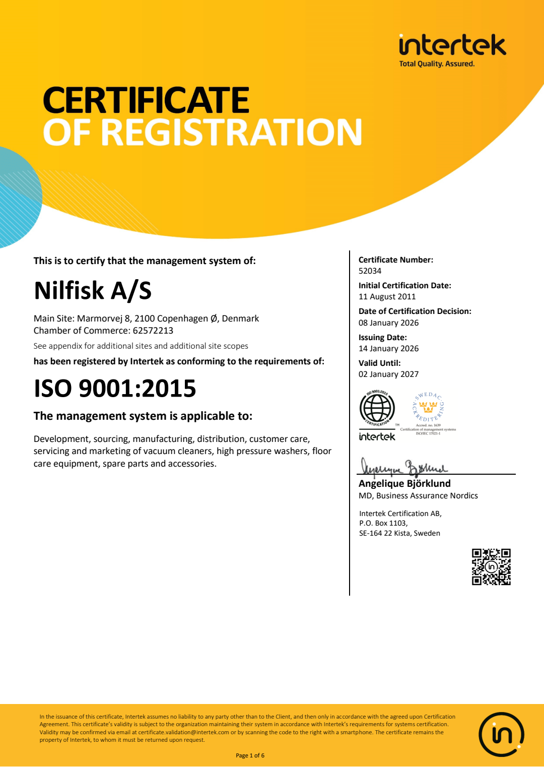EN 2026 Nilfisk AS Certificate ISO 9001