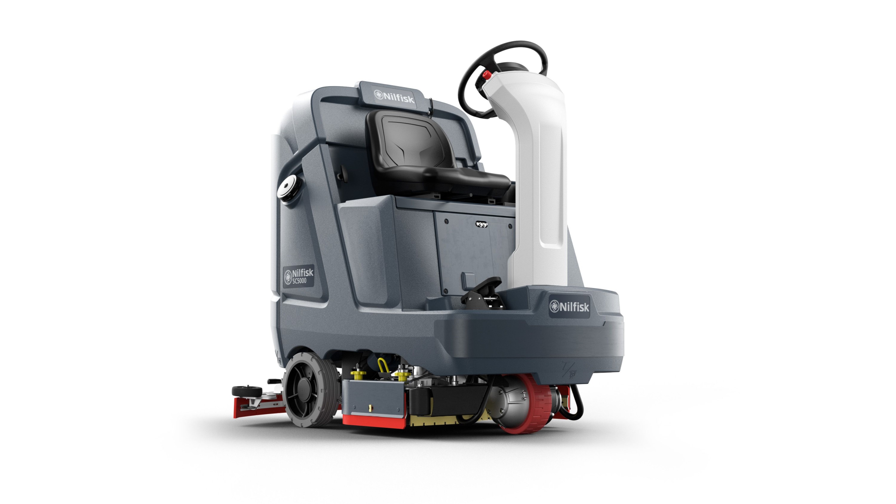Ride-on or stand-on floor scrubbers
